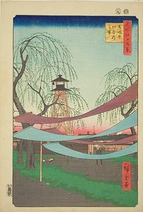 Campo de equitação de Hatsune em Bakuro-cho (Bakuro-cho Hatsune no Baba), n.o 6 da série "Cem vistas famosas de Edo (Meisho Edo hyakkei)" de Utagawa Hiroshige
