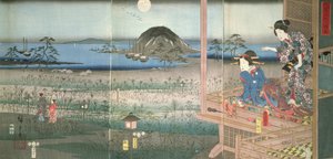 A Senhora Fujitsubo assistindo o Príncipe Genji partindo ao luar, 1853, (impressão em xilogravura colorida)