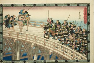 O Ataque Noturno, Parte 4 [sic; na verdade 5]: The Retreat through Ryogoku Bridge (Youchi yon, Ryogoku hikitori), da série "The Revenge of the Loyal Retainers (Chushingura)" de Utagawa Hiroshige
