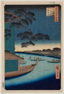 O pinheiro do encontro junto ao rio Asakusa e a margem Oumaya do rio Sumida, da série «Cem vistas célebres de Edo» de Utagawa Hiroshige