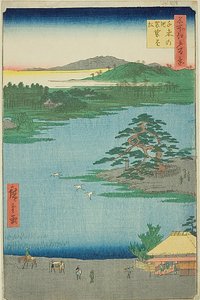 Pinheiro que pendura o manto no lago Senzoku (Senzoku no ike Kesakakematsu), n.º 110 da série "Cem vistas famosas de Edo (Meisho Edo hyakkei)" de Utagawa Hiroshige
