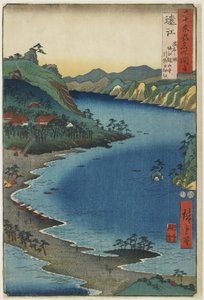 A pequena enseada de Hikisa em Horie Kanzanji, o lago Hamana na província de To_toumi, em agosto de 1853