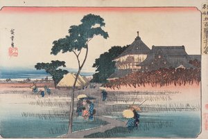 O Salão Espiral do Templo dos Quinhentos Arhats, da série "Lugares Famosos em Edo", de 1830 (impressão em xilogravura a cores)