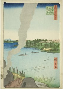 Fornos de telha e balsa Hashiba no rio Sumida (Sumidagawa Hashiba no watashi kawaragama), da série "Cem vistas famosas de Edo (Meisho Edo hyakkei)" de Utagawa Hiroshige