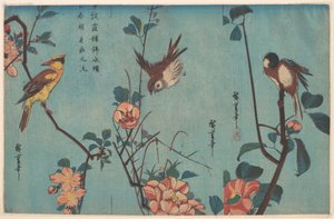 Chapim e camélias (à direita), pardal e rosas silvestres (ao centro) e papa-figo-de-nuca-preta e flores de cerejeira (à esquerda) de Utagawa Hiroshige