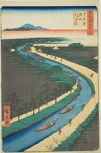 Barcos de reboque ao longo do canal Yotsugidori (Yotsugidori yosui hikifune), n.º 33 da série "Cem vistas famosas de Edo (Meisho Edo hyakkei)" de Utagawa Hiroshige