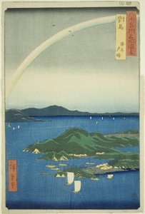 Província de Tsushima: Noite Clara na Costa (Tsushima, Kaigan yubare), da série "Lugares Famosos nas Sessentas Províncias (Rokujuyoshu meisho zue)" de Utagawa Hiroshige