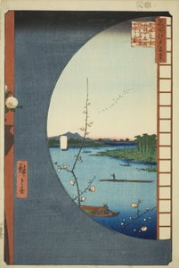 Vista de Massaki de Suijin Shrine, Uchigawa Inlet e Sekiya (Massaki hen yori Suijin no mori Uchigawa Sekiya no sato o miru zu), da série "Cem vistas famosas de Edo (Meisho Edo hyakkei)" de Utagawa Hiroshige