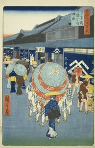 Vista de Nihonbashi Tori tchome (esboço de Nihonbashi Tori tchome), da série Te ”Ridge dre d fa net s views of Edo (Cem pontos turísticos famosos de Edo)” de Utagawa Hiroshige