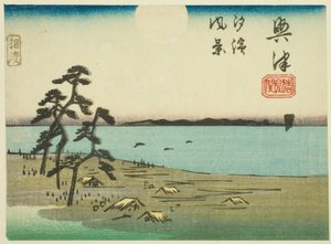 Vista de Shiohama e Kiyomigaseki em Okitsu (Okitsu, Kiyomigaseki, Shiohama fukei), seção da folha nº 4 da série "Fotos recortadas da estrada de Tokaido (Tokaido harimaze zue)" de Utagawa Hiroshige