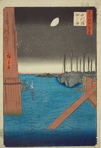 Vista da ilha de Tsukuda a partir da ponte Eitai (Eitaibashi Tsukudajima), n.º 4 da série "Cem vistas famosas de Edo (Meisho Edo hyakkei)" de Utagawa Hiroshige