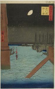 Vista da ilha de Tsukuda a partir da ponte Eitai (Eitaibashi Tsukudajima), da série "Cem vistas famosas de Edo (Meisho Edo hyakkei)" de Utagawa Hiroshige