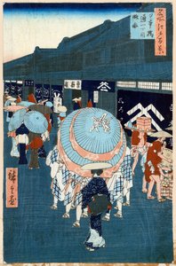 Vista da First Street em Nihonbashidori Cem vistas famosas de Edo, 1856-1858. de Utagawa Hiroshige