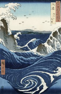 Vista dos redemoinhos de Naruto em Awa, da série &39;Rokuju-yoshu Meisho zue&39; (lugares famosos das décadas 60 e outras províncias) (impressão em xilogravura a cores)