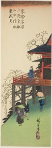 Vendo as flores de cerejeira do Kiyomizu Hall no Toeizan em Ueno (Ueno Toeizan chu Kiyomizudo no hanami), da série "Vistas famosas da Capital Oriental (Toto meisho)" de Utagawa Hiroshige