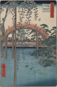 Glicínias no Santuário Kameido Tenjin da série Cem Vistas Famosas de Edo de Utagawa Hiroshige