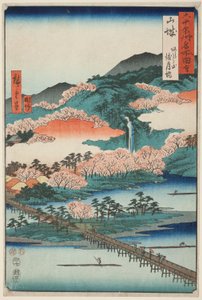 Província de Yamashiro: Ponte Togetsu no Monte Arashi (Yamashiro, Arashiyama Togetsukyo), da série "Lugares famosos das sessenta províncias (Rokujuyoshu meisho zue)" de Utagawa Hiroshige