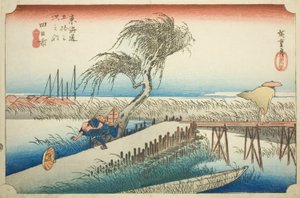 Yokkaichi: Rio Mie (Yokkaichi, Miegawa), da série "Cinquenta e três estações do Tokaido (Tokaido gojusan tsugi no uchi)", também conhecido como Hoeido Tokaido de Utagawa Hiroshige