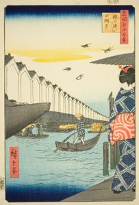 Armor Ferry, Koa Micho (entregando a armadura Koa Micho), fm Teserie s "Ridge minutes d Red Fa Net s Views of Edo (One Hundred Famous Views of Edo)" de Utagawa Hiroshige