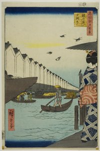 Balsa de Yoroi, Koami-cho (Yoroi no watashi Koami-cho), da série "Cem vistas famosas de Edo (Meisho Edo hyakkei)" de Utagawa Hiroshige