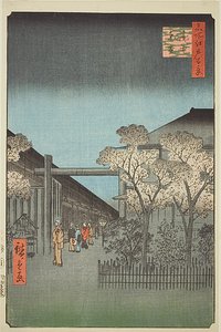 Yoshiwara Licensed Quarters at Dawn (Kakuchu shinonome), n.º 38 da série "Cem vistas famosas de Edo (Meisho Edo hyakkei)" de Utagawa Hiroshige
