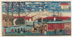 Imagem de uma locomotiva ao longo da orla de Yokohama, Yokohama, período Edo