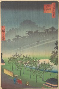 Vista noturna de Kiribata na chuva em Akasaka, 1859.