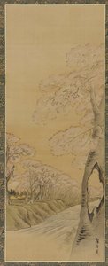 Paisagem: cerejeiras floridas nas margens de um riacho, período Edo, 1615-1868.