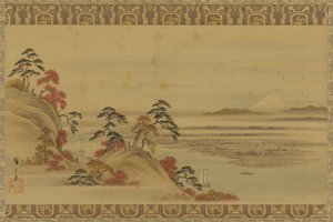 Paisagem fluvial: folhagem vermelha e Monte Fuji, período Edo, meados do século XIX.