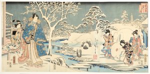 Um genji oriental em um jardim nevado, 1854 (woodblock)