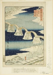 Ponte Kintai em Iwakuni na província de Suo (Suo Iwakuni Kintai-bashi) (impressão em bloco de madeira a cores) de Utagawa II Hiroshige