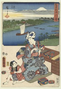 Kawasaki (título no objeto) De 53 estações porta twee penselen (título da série) Sohitsu gojusan tsugi (título da série no objeto) de Utagawa Kunisada (I)