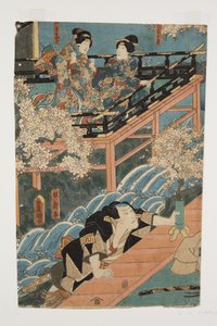 Atores interpretando Ob?kichisa Koshi-moto Kogiku, D?kiki Yau e Yakko Shinpei(Koshi-moto Kogiku, D?kiki Yau, Yakko Shinpei) (impressão a cores de bloco de madeira) de Utagawa Kunisada