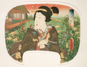 Outono, Hanayashiki: Uma gueixa com um cachimbo, design para um fã de um conjunto de quatro ilustrando as estações, 1858-60 (xilogravura)