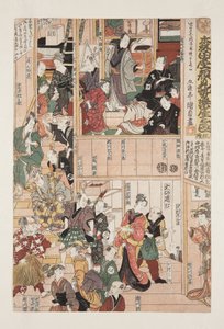 Backstage at the Season Opening Performance of the Morita Theater (Morita-za kaomise gakuya no zu, sanmai tsuzuki) (impressão a cores do bloco de madeira) de Utagawa Kunisada