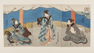 Belezas durante uma luta de galos (Bijin Toriaiu) (impressão em bloco de madeira colorida) de Utagawa Kunisada
