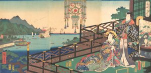 Mitsuuji no Distrito de Maruyama Pleasure de Nagasaki Nagasaki dejima, 3º m..., 3º mês, 1861. de Utagawa Kunisada