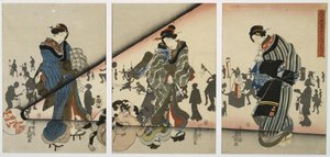 Cena nocturna com raparigas, animais e lanternas de Utagawa Kunisada