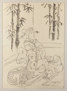 Desenho preparatório para a folha esquerda do tríptico Elegante trio instrumental de raparigas de Utagawa Kunisada