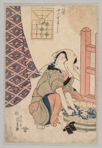 Mulher sentada lavando roupa em uma banheira de madeira de Utagawa Kunisada