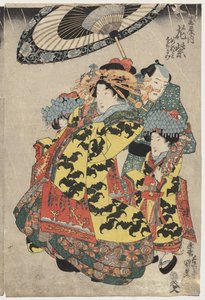 As cortesãs Hanmurski e Koshikibu do Tamai Promending na chuva de Utagawa Kunisada