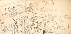 Duas cortesãs apreciando a vista de uma casa de chá de Utagawa Kunisada