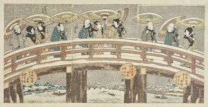 Cena de inverno com uma procissão de atores que augura felicidade de Utagawa Kunisada