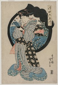 Mulher com espelho de mão da série Os Seis Rios Tama do Mundo Flutuante de Utagawa Kunisada