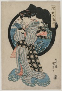 Mulher com um Espelho de Mão da série Os Seis Rios Tama do Mundo Flutuante, c. início da década de 1830 de Utagawa Kunisada