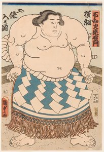 Retrato da lutadora de sumo Shiranui Mitsuemon (1825-1879) com um avental ritual. Impresso por Utagawa Kunisada II (1823-1880)