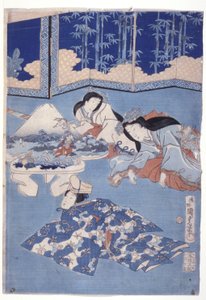 Acolhimento da Primavera com um Encontro de Flores (Hana Soroi Haru No Taimen) (impressão em bloco de madeira a cores) de Utagawa Kunisada II
