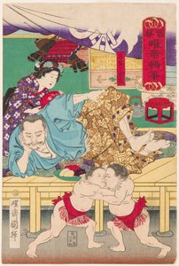Luta de duas crianças do sumo antes de Tachibana Muneshige (1567-1642). Impresso por Kuniteru, Utagawa (1808-1876)