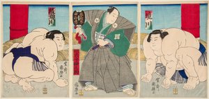 Luta de lutadores de sumo Shakaigawa e Ayasemawa. Impresso por Utagawa Kuniteru (1808-1876)