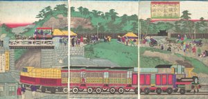 Ilustração de uma locomotiva a vapor rodando na estrada de ferro Takanawa em Tóquio Tokyo ta..., ca. 1873.